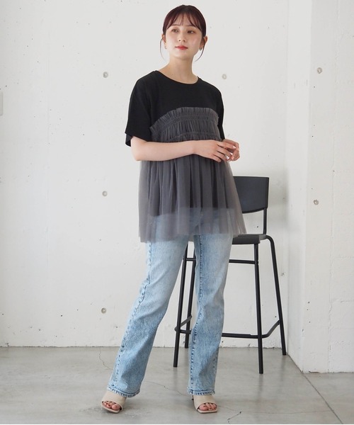 tシャツ チュールドッキングロゴＴシャツ「CLEAR_CREA」 レディース FREAK'S STORE/＜新色追加＞フリルチュールドッキングTシャツ