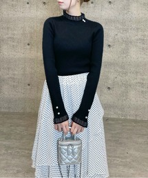 最終価格！フリル付きダークグレー長袖ニット clear ニット セーター シアーフリルネック長袖ニットトップス