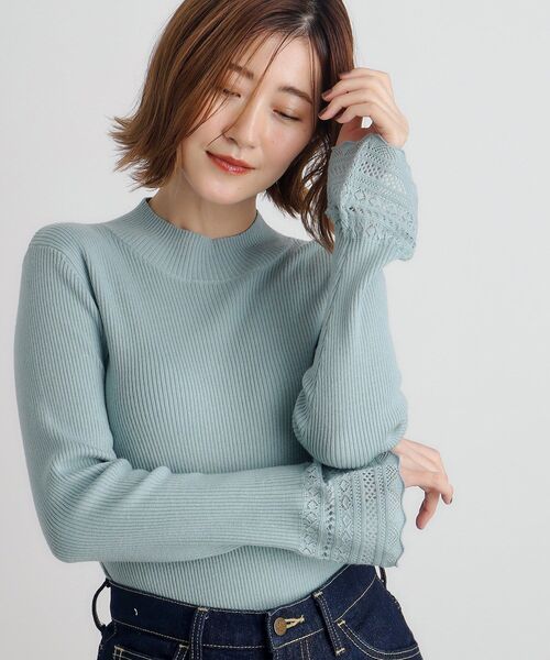 さゆ　グレー リブ編み レースアップ セーター grove ニット セーター 「雑誌掲載」袖レース編みリブニット