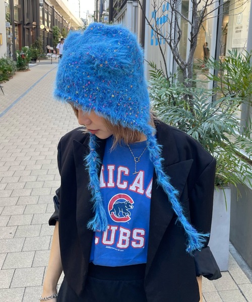 スチューシー青いクマ柄ニット帽 ニット帽 ニットキャップ 「HIKA」くま耳ネップニットCAP レディース