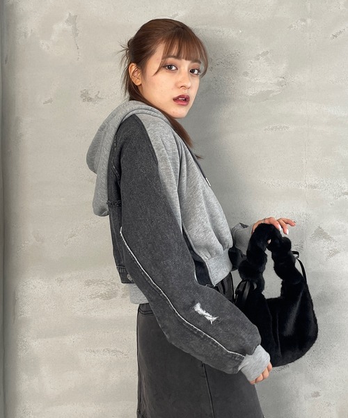 ロジャーアンドロウ　デニム 切り替えニットパーカー黒×白モノトーン＋バッグ Roger&Raw（ロジャーアンドロウ） パーカー デニム切替ジップパーカー