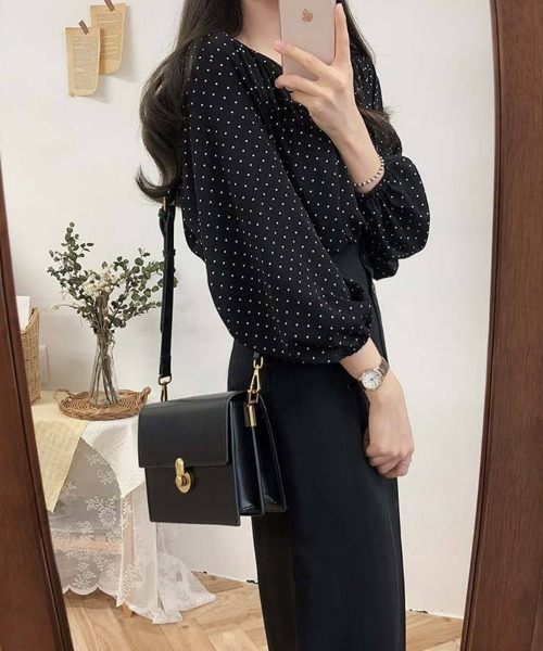 SEU ブラウス シャツ ドット柄ノーカラー七分袖ブラウス サマーシャツ