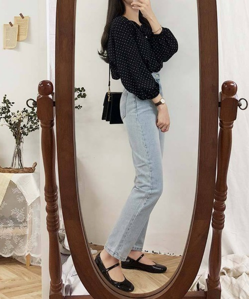 SEU ブラウス シャツ ドット柄ノーカラー七分袖ブラウス サマーシャツ