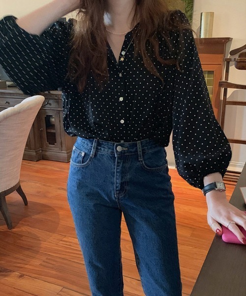 SEU ブラウス シャツ ドット柄ノーカラー七分袖ブラウス サマーシャツ
