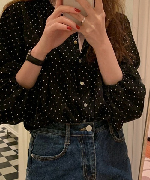 SEU ブラウス シャツ ドット柄ノーカラー七分袖ブラウス サマーシャツ