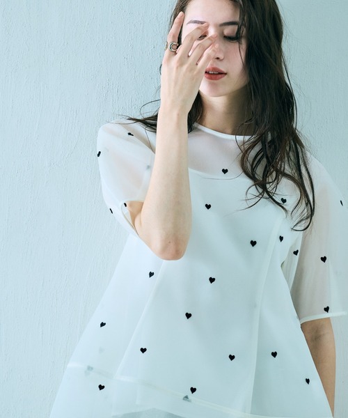 オーディアミューズ　ハート刺繍メッシュブラウス　38 Audie a Muses（オーディア ミューズ） ブラウス シャツ 夏 半袖