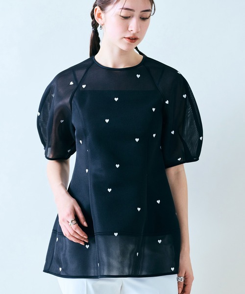 ブラウス シャツ ハート刺繍メッシュブラウス レディース