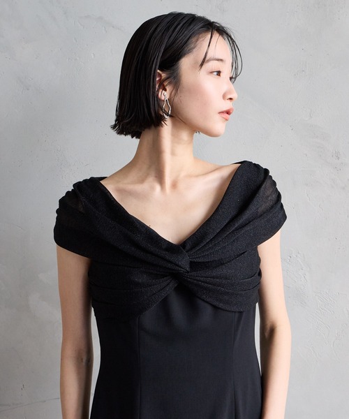 Aimer ネイビーオフショルダータイトドレス AIMER ドレス ラメニット×ツイルオフショルダータイトパーティー