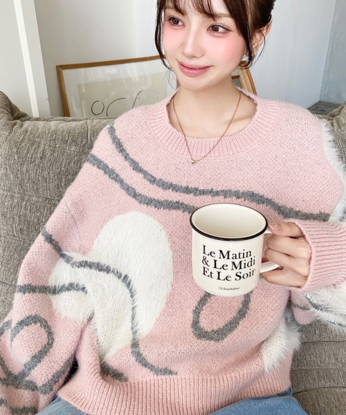 moment+ ニット セーター ニュアンスハートジャガードニットプル