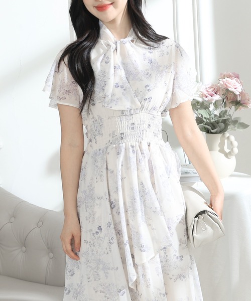 Lace Ladies ワンピース 花柄 ボウタイリボン フレア袖