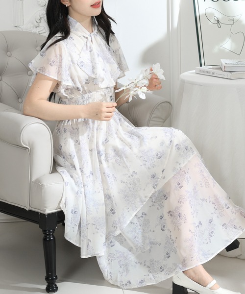Lace Ladies ワンピース 花柄 ボウタイリボン フレア袖