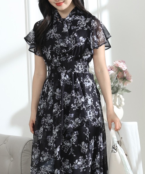 Lace Ladies ワンピース 花柄 ボウタイリボン フレア袖