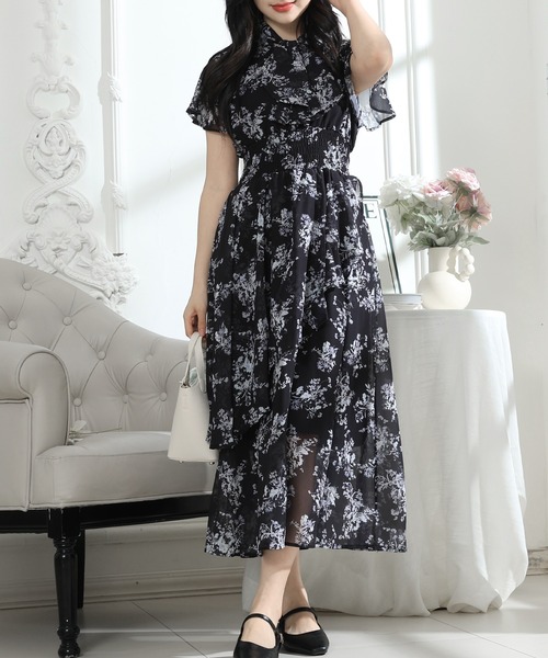 Lace Ladies ワンピース 花柄 ボウタイリボン フレア袖