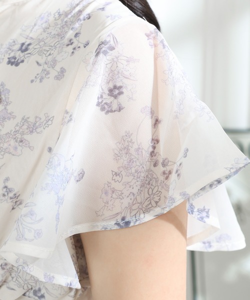 Lace Ladies ワンピース 花柄 ボウタイリボン フレア袖