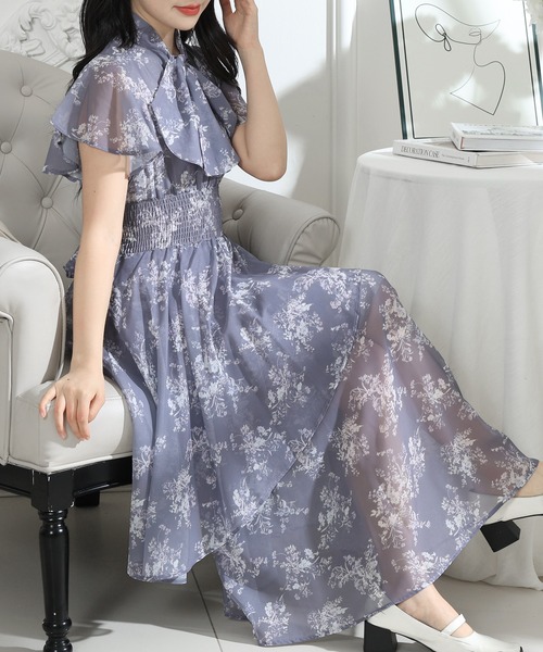Lace Ladies ワンピース 花柄 ボウタイリボン フレア袖