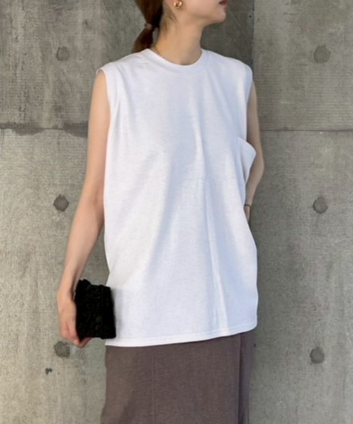 tシャツ 胸ポケットルーズノースリーブカットソー-手洗い可- レディース