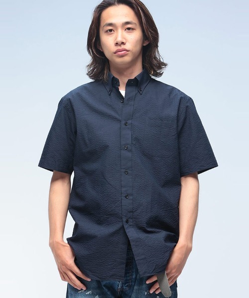 シャツ CREW COOLMAX シアサッカー ボタンダウン 半袖 メンズ