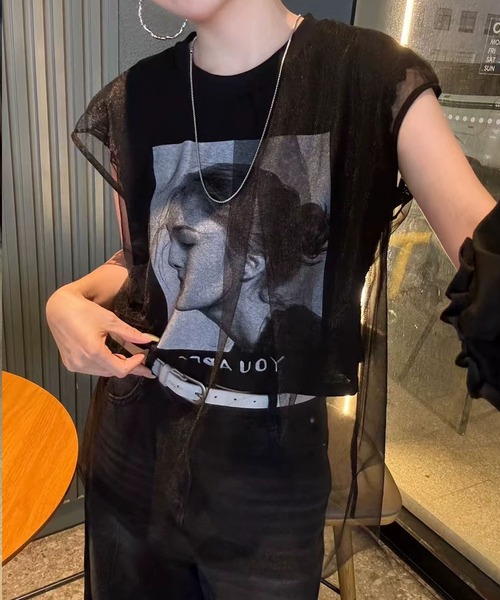 tシャツ チュールフォトプリントTシャツ レディース