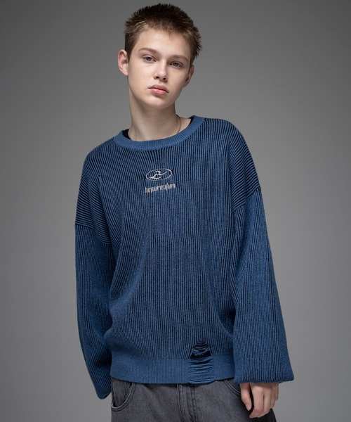 セーター ニット AW ダメージ加工 フロント Y2K サークルロゴ刺繍