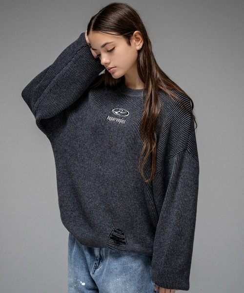 セーター ニット AW ダメージ加工 フロント Y2K サークルロゴ刺繍