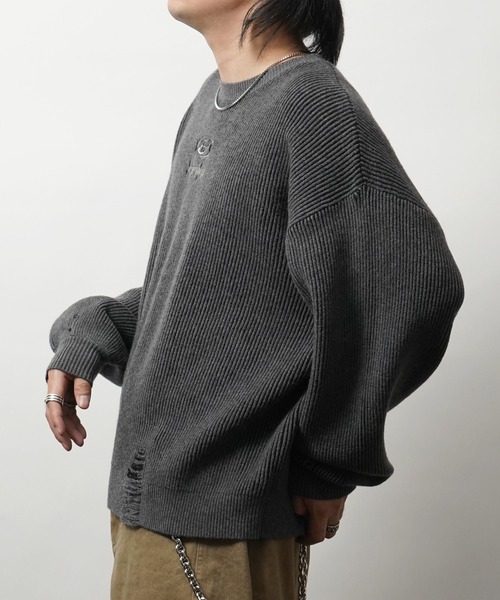 セーター ニット AW ダメージ加工 フロント Y2K サークルロゴ刺繍