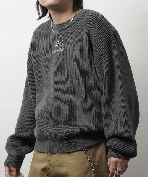 セーター ニット AW ダメージ加工 フロント Y2K サークルロゴ刺繍