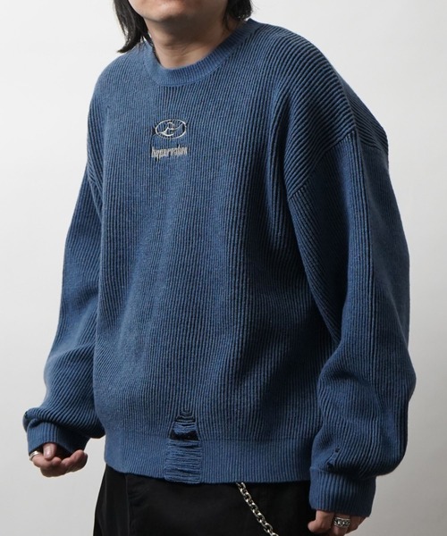 セーター ニット AW ダメージ加工 フロント Y2K サークルロゴ刺繍