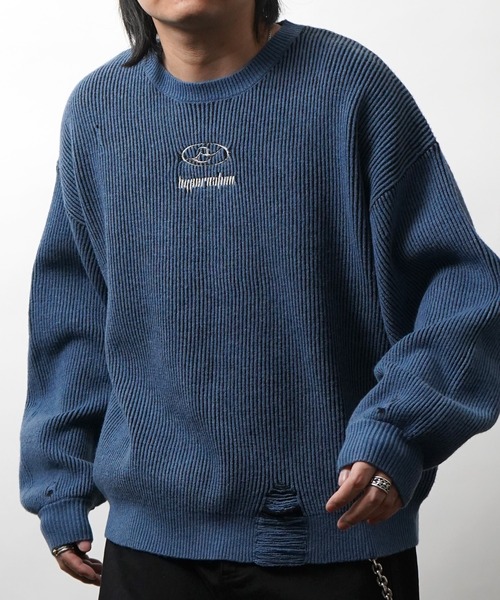 セーター ニット ダメージ加工 フロント Y2K サークルロゴ刺繍 クルー 