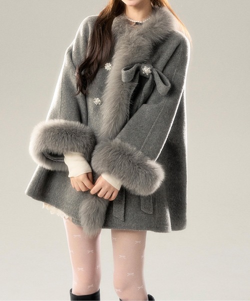 LUCPY コート アウター リボン付きファーフレアショートコート