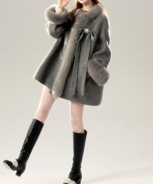 LUCPY コート アウター リボン付きファーフレアショートコート