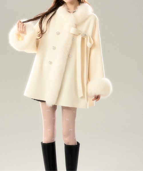 La Pafait リボン付きふわふわコート ファーティぺット付きトリプルリボンコート | Rlab store