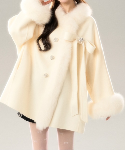 LUCPY コート アウター リボン付きファーフレアショートコート