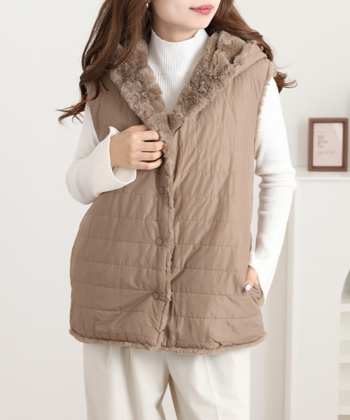 Ree&Mee ベスト ジレ もこもこ ファー ＆ キルト リバーシブル