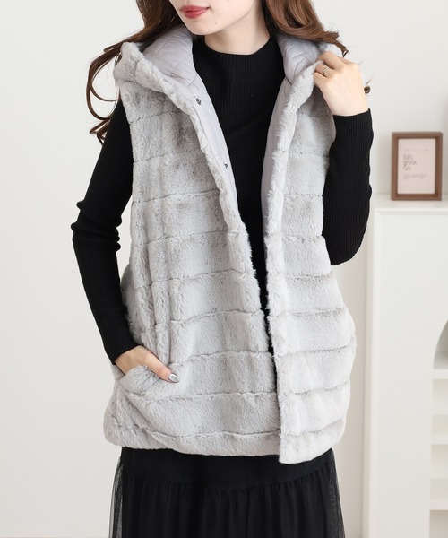 Ree&Mee ベスト ジレ もこもこ ファー ＆ キルト リバーシブル