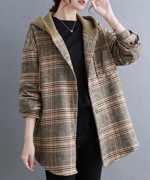 カバーオール フード付きチェック柄シャツジャケット レディース