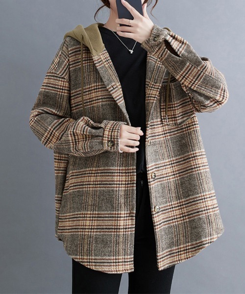 カバーオール フード付きチェック柄シャツジャケット レディース