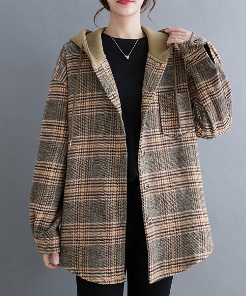 カバーオール フード付きチェック柄シャツジャケット レディース