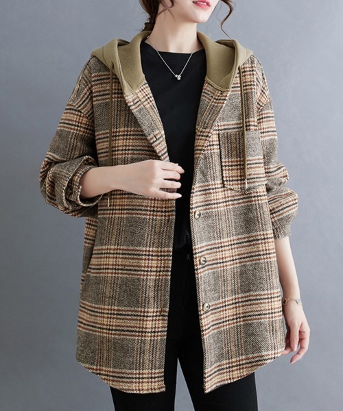 カバーオール フード付きチェック柄シャツジャケット レディース