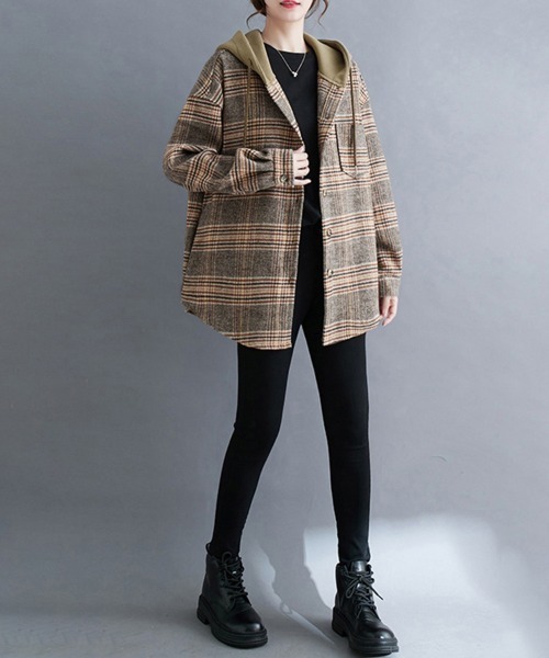 カバーオール フード付きチェック柄シャツジャケット レディース