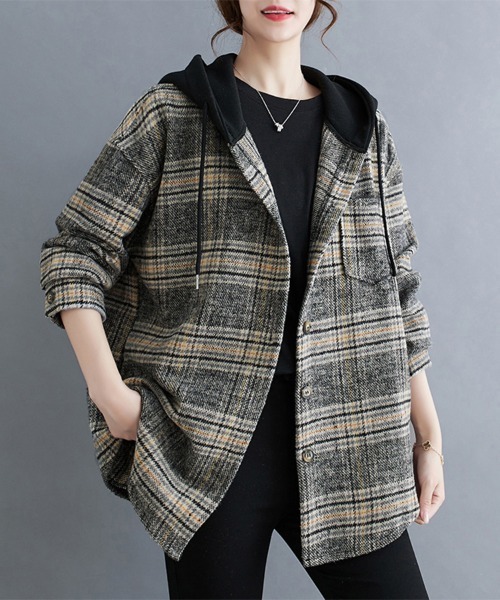 カバーオール フード付きチェック柄シャツジャケット レディース