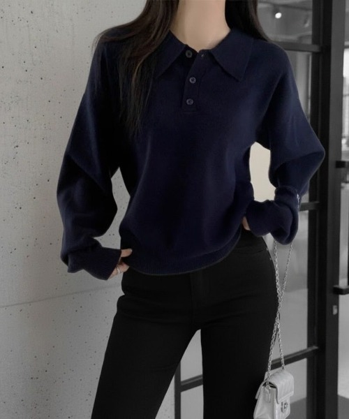 さ*姫様 cccmalie カシミヤポロ襟フリンジ長袖ニット ネイビー 38 cammie ニット セーター ポロカラーニットトップス レディース