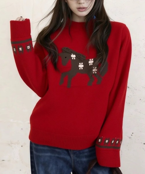 DIAVEL ニット セーター 「冬新作」ポニー柄ニット/ぽこぽこポニー刺繍
