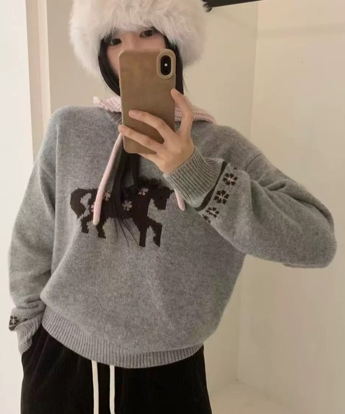 DIAVEL ニット セーター 「冬新作」ポニー柄ニット/ぽこぽこポニー刺繍
