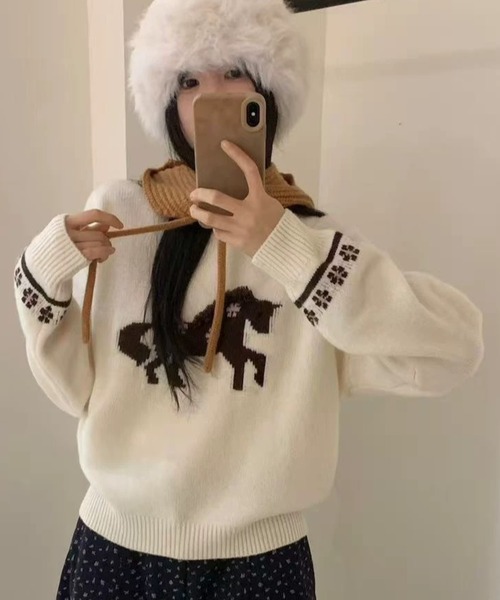 DIAVEL ニット セーター 「冬新作」ポニー柄ニット/ぽこぽこポニー刺繍