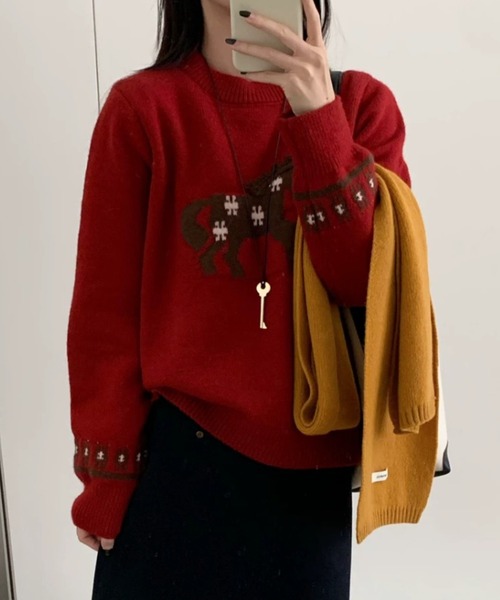 DIAVEL ニット セーター 「冬新作」ポニー柄ニット/ぽこぽこポニー刺繍