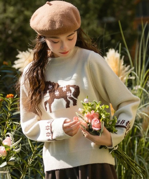 DIAVEL ニット セーター 「冬新作」ポニー柄ニット/ぽこぽこポニー刺繍