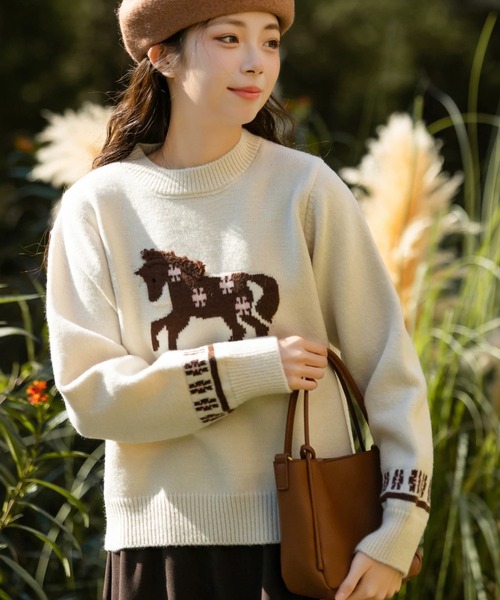 DIAVEL ニット セーター 「冬新作」ポニー柄ニット/ぽこぽこポニー刺繍