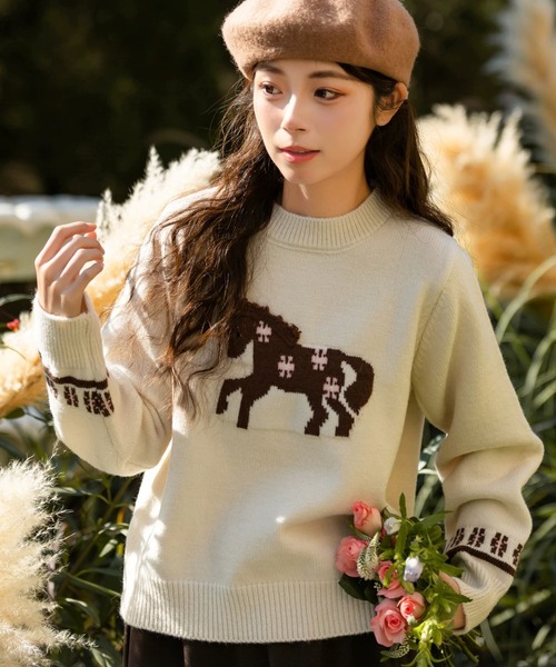 DIAVEL ニット セーター 「冬新作」ポニー柄ニット/ぽこぽこポニー刺繍