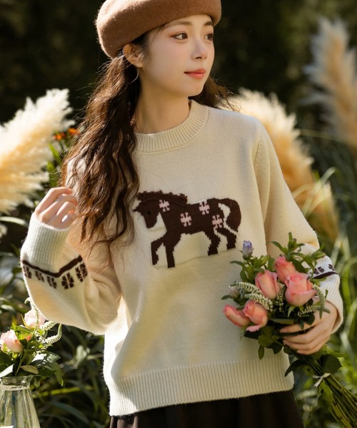 DIAVEL ニット セーター 「冬新作」ポニー柄ニット/ぽこぽこポニー刺繍