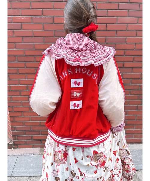 PINK HOUSE スタジャン ピンク 赤 PINK HOUSE 赤 スタジャン 赤×ピンクレザースタジャン - ピンクハウス